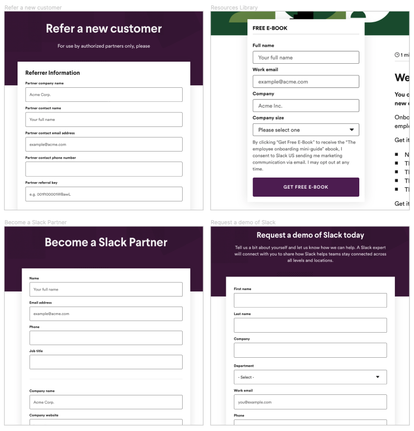 A sample of forms on Slack.com