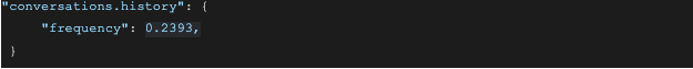 A screenshot of a JSON file with the following content: `"conversations.history": {      "frequency": 0.2393,  }`