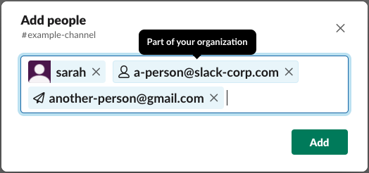 The "add people" modal in Slack containing a user, an internal employee's email address, and an external user's email address.