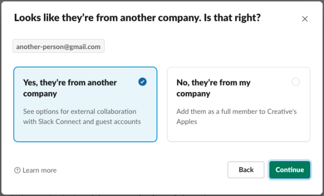 A confirmation screen asking for the user to confirm whether an email is external or internal.