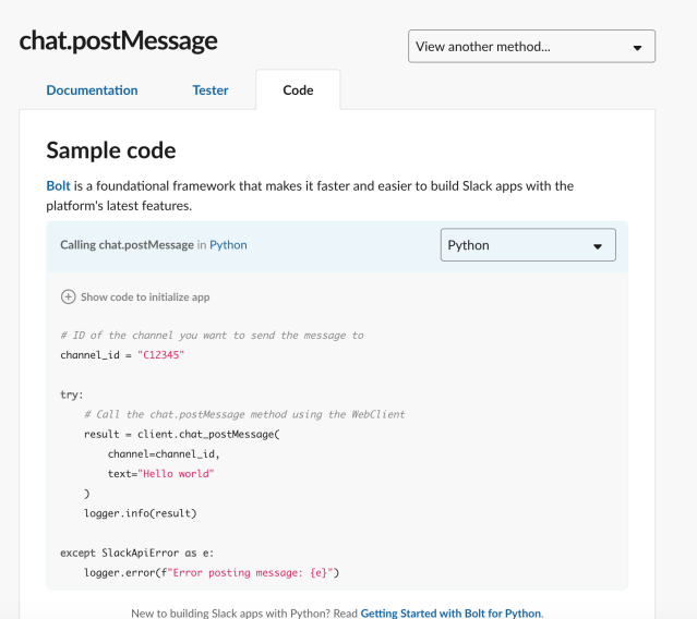 Sample Code in Slack API Docs