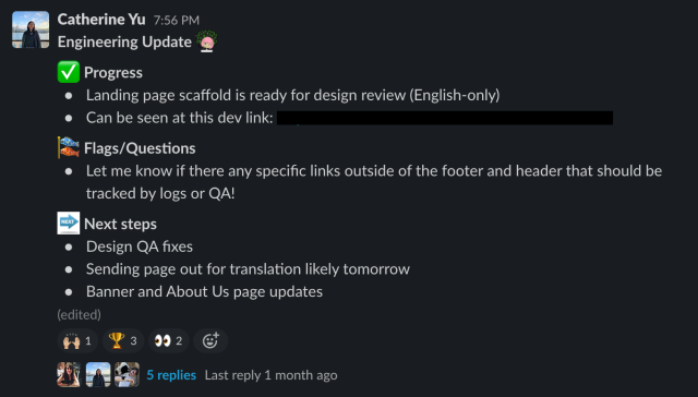 Engineering Update Slack Message