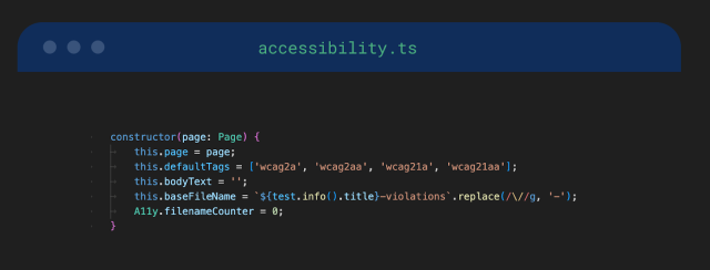 Code snippet where Axe accessibility tags are defined to align with WCAG 2.1, Levels A and AA.