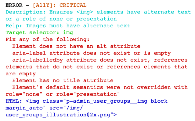 Example of an accessibility error message in a console with severity level, target selector and help text stating that the element does not have an alt attribute