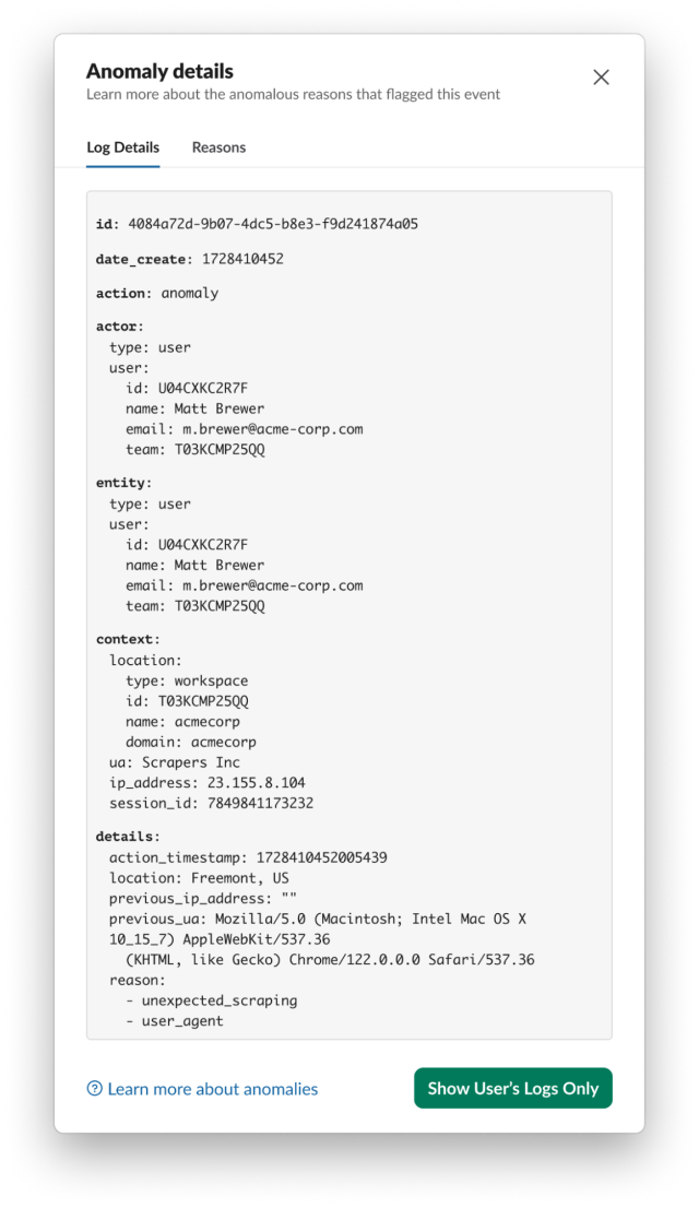 JSON representation of an Audit Log