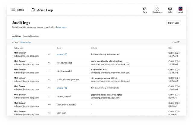 Audit log management interface for Acme Corp