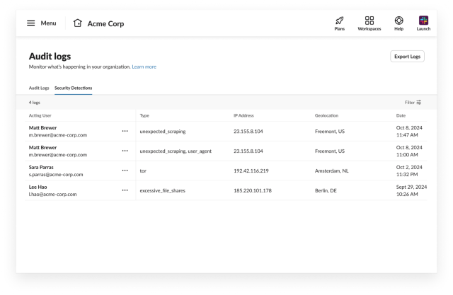 Audit log management interface for Acme Corp