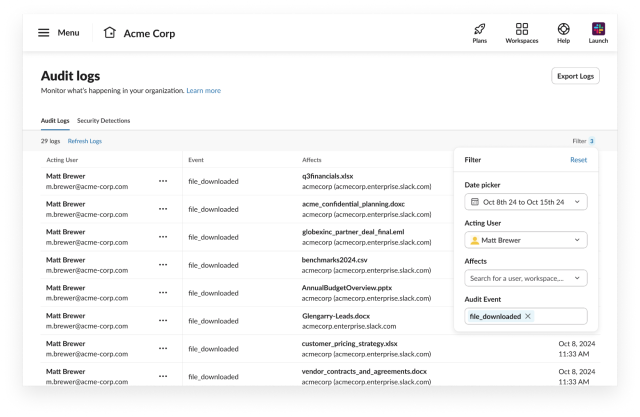 Audit log management interface for Acme Corp