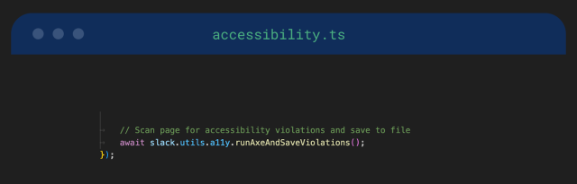 Code snippet showing usage of the Playwright fixture model to call the accessibility helper in the test spec 