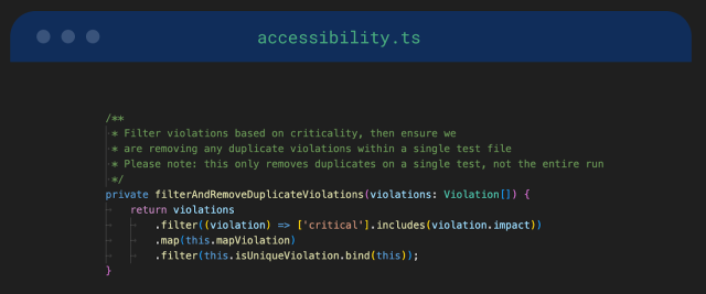 Code snippet showing a function designed to filter out duplicate accessibility violations and only report on critical violations