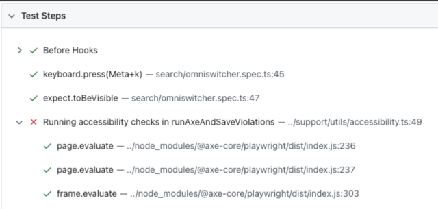 Test steps in Playwright UI test runner showing a step labelled "Running accessibility checks"