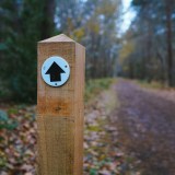 Brown wooden cross with white arrow sign.